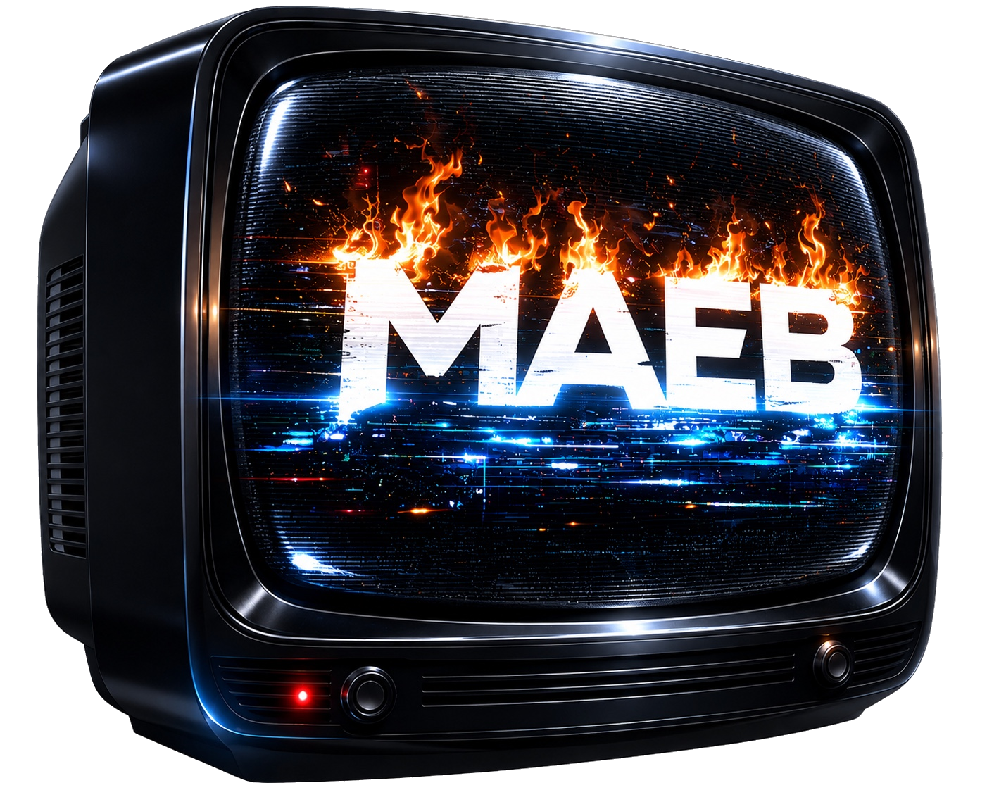 Black retro CRT television displaying the MAEB logo with orange flames and electric-blue signal effects